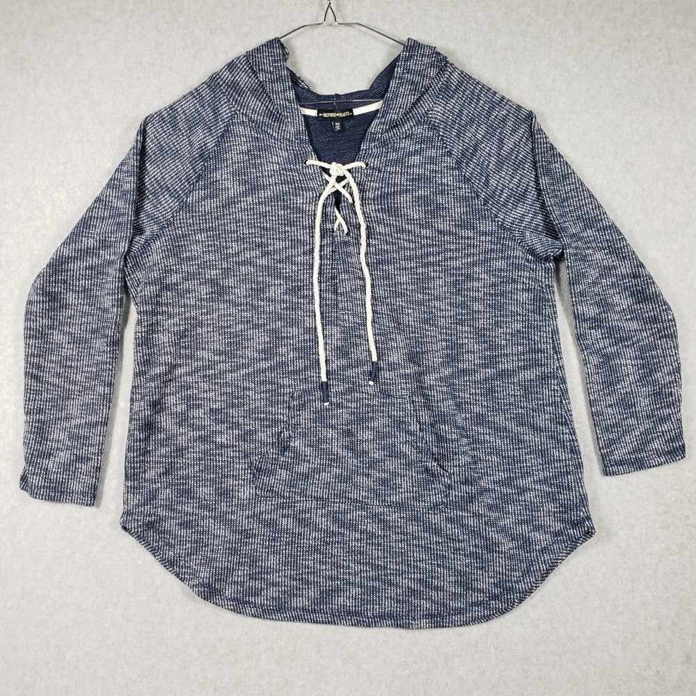 Inspired Hearts Womens 1X Blue White Marled Lace Up Hoodie Tunic Sweatshirt Top